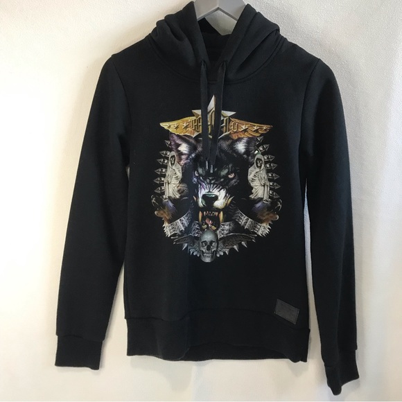 Musium Div black unisex scull wolf graphic hoodie size approx XS - Picture 1 of 14